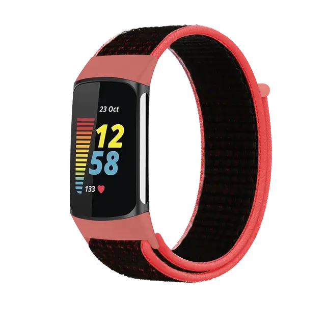 Fitbit Charge 5 & 6 Nylon Hook-and-Loop Band in Black / Red