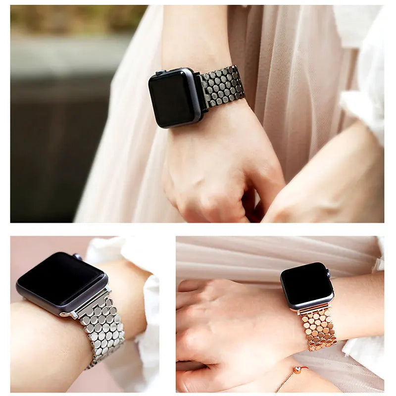 Black, silver and rose gold fish scale bracelets worn on wrists