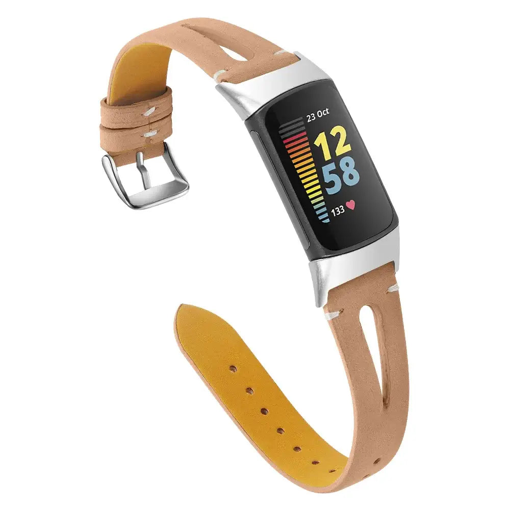 Fitbit Charge 5/6 Slim Cutout Leather Band - Beige band shown on tracker