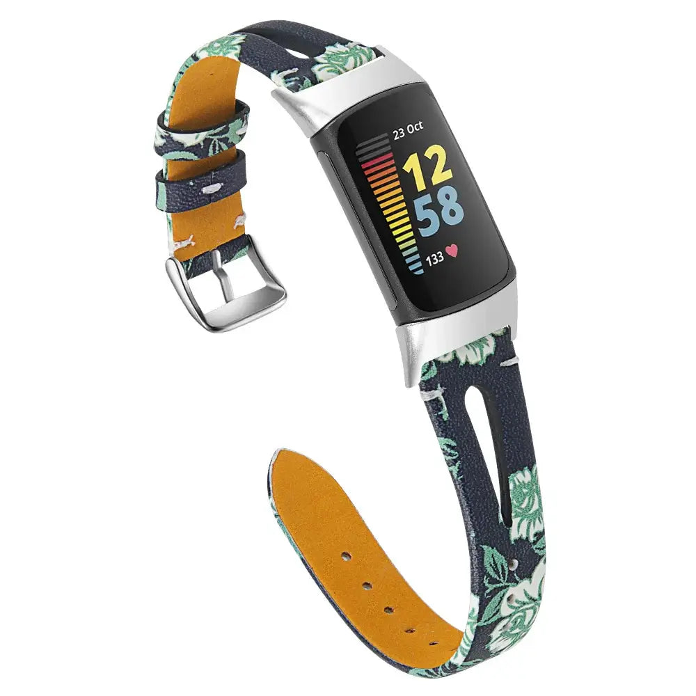 Fitbit Charge 5/6 Slim Cutout Leather Band - Black / Green Floral