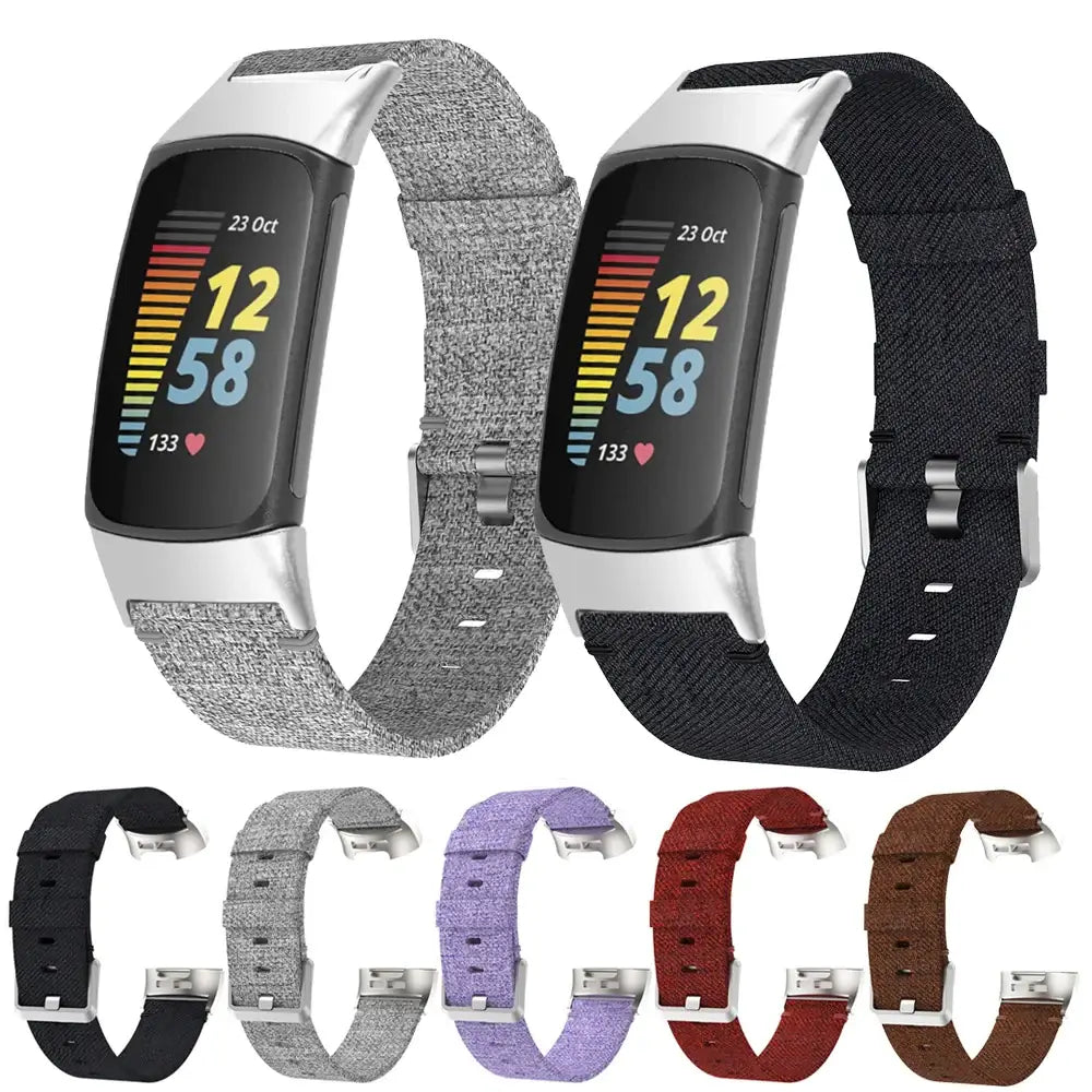 Fitbit Charge 5 & 6 Woven Nylon Buckle Band gray and black bands shown on trackers with five color previews