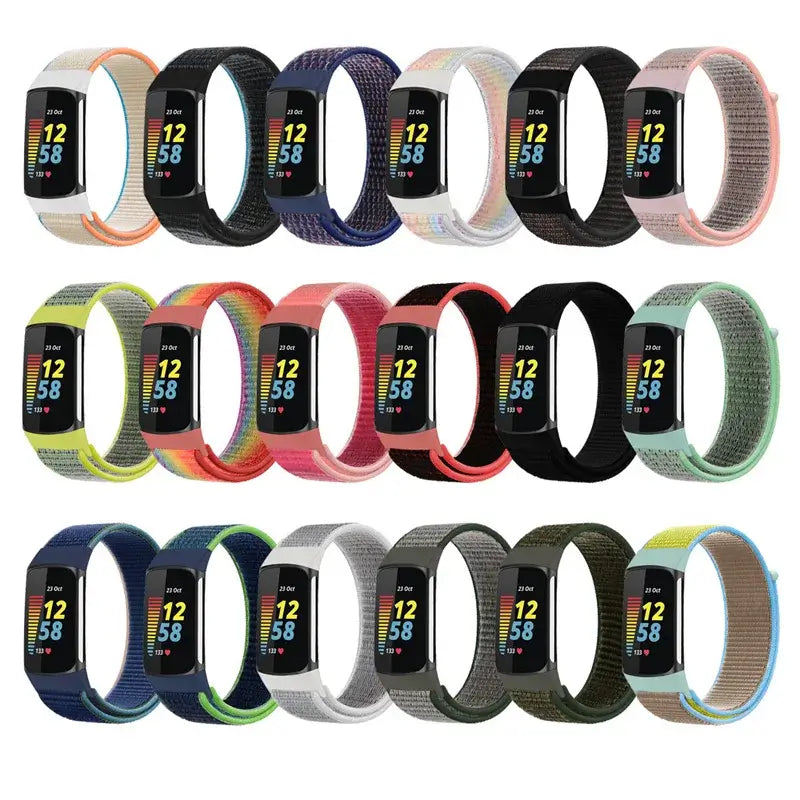 Fitbit Charge 5 & 6 Nylon Hook-and-Loop Band nylon bands shown in multiple colors on trackers
