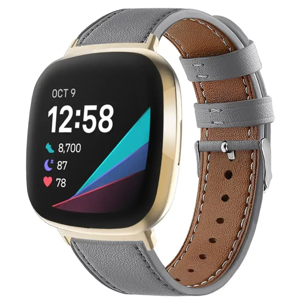 Fitbit Versa 3/4 & Sense 1/2 Classic Leather Strap - Gray band on watch