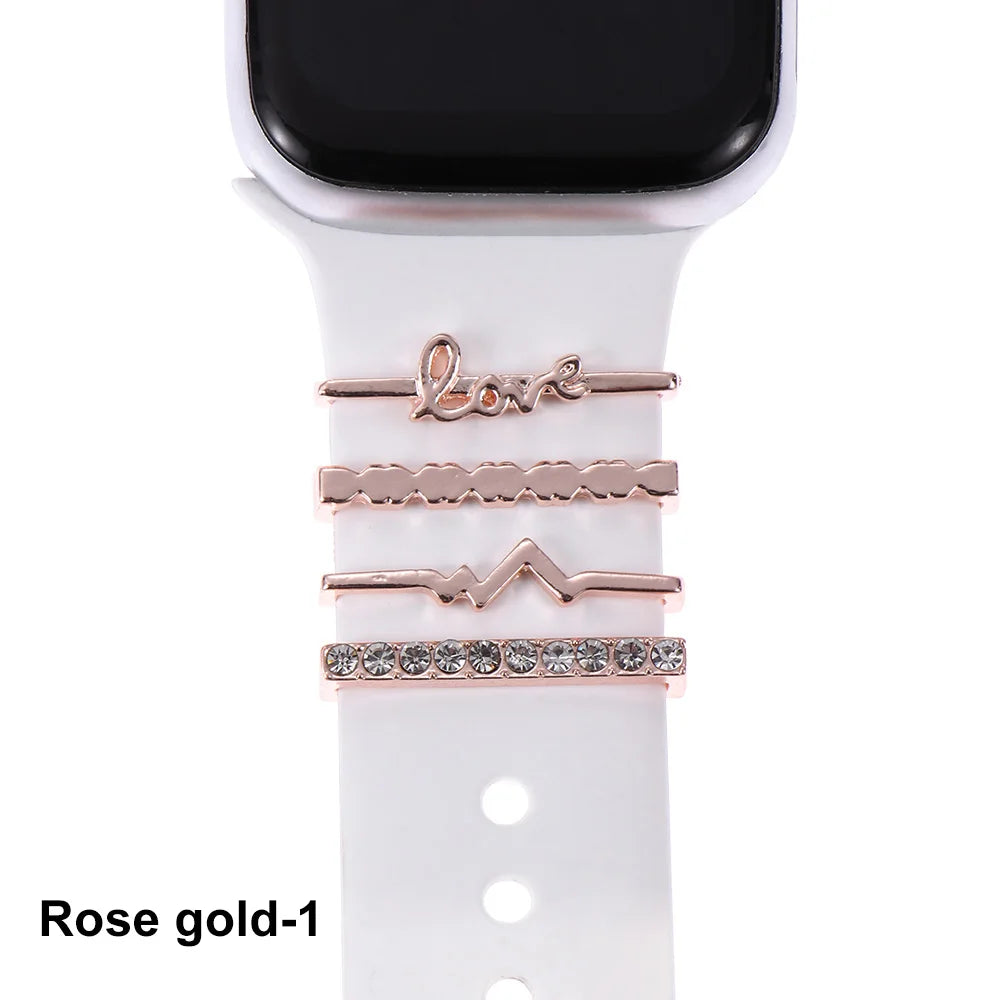 Decorative rose gold metal charms for Apple Watch bands, enhancing style and elegance with a unique flair.
