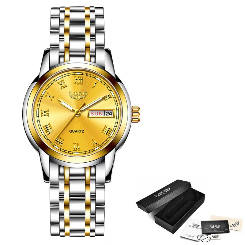 Women's Roman Numeral Day-Date Bracelet Watch — Silver & Gold Tone / Gold Dial