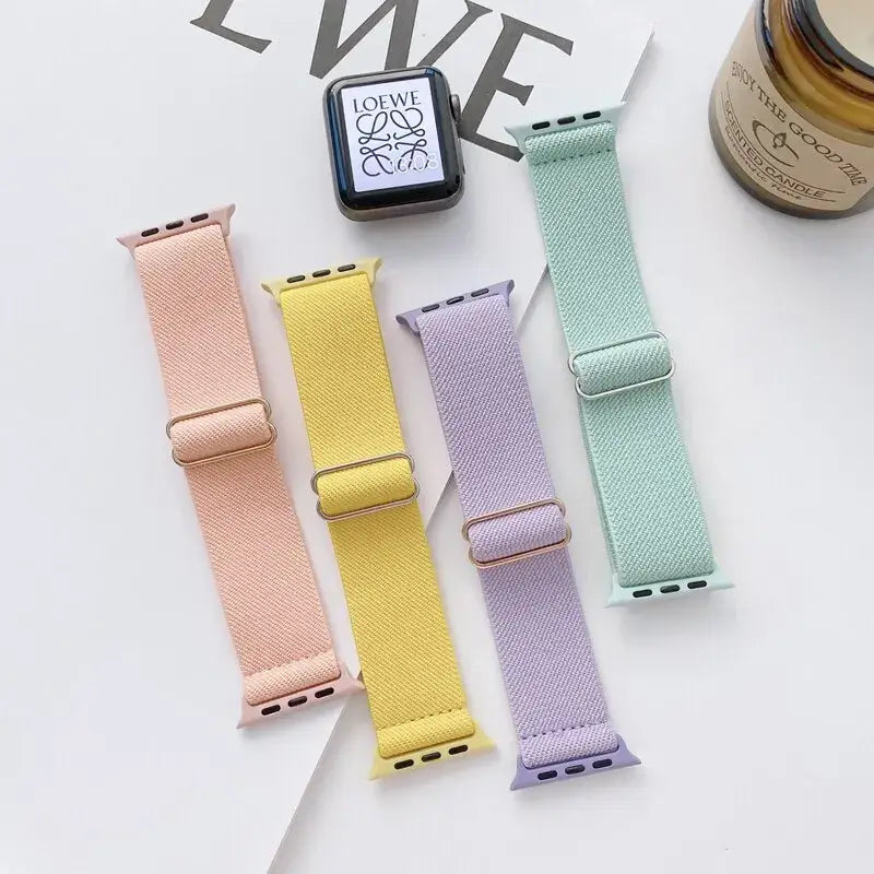 Pastel stretch nylon Apple Watch bands laid flat