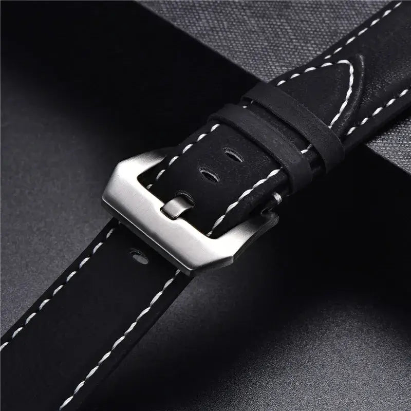 TicWatch Slim Stitched Leather Band - Black leather and white stitching close-up