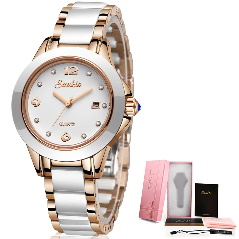 Women's Ceramic and Stainless Steel Date Watch — White and rose gold-tone watch with supplier packaging