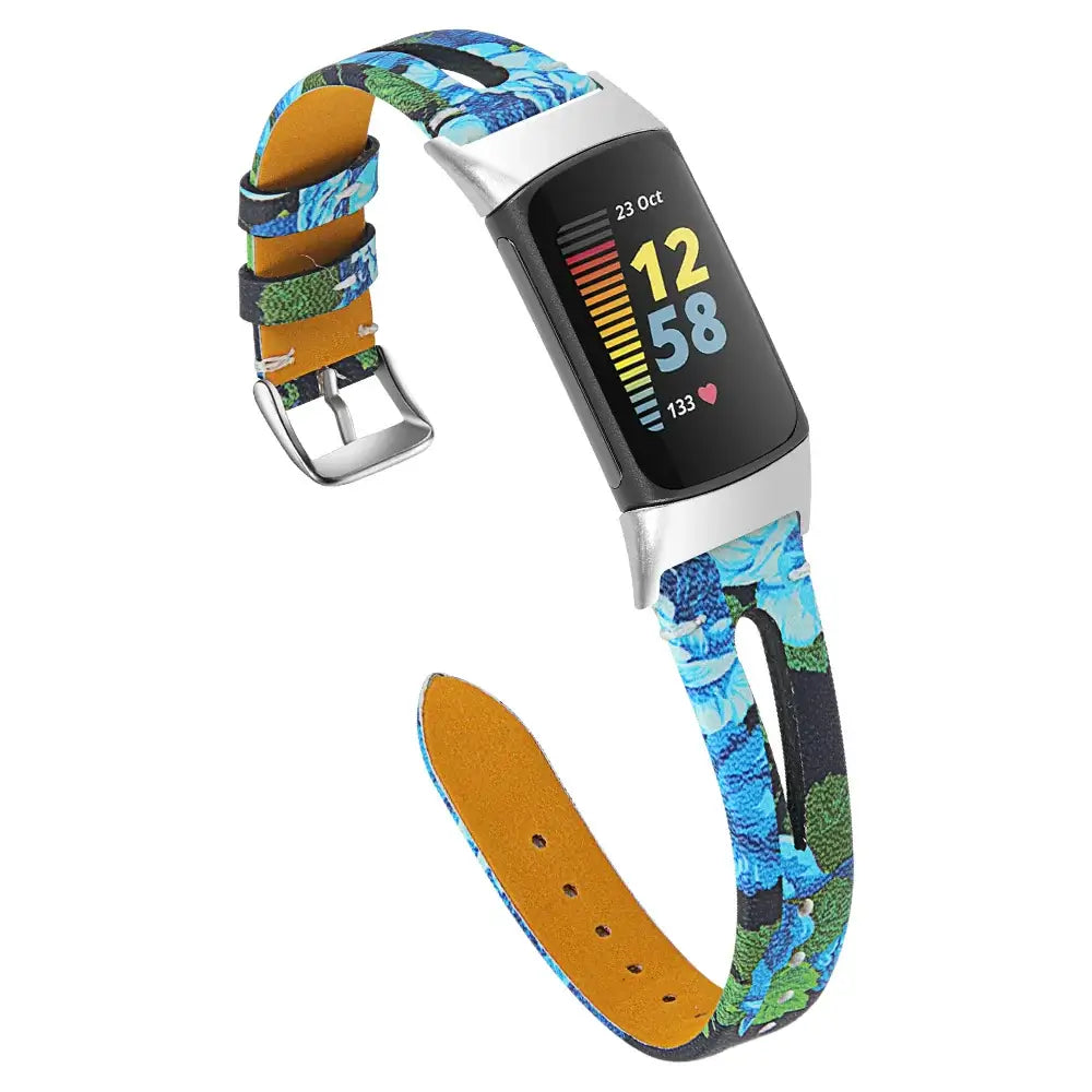Fitbit Charge 5/6 Slim Cutout Leather Band - Black / Blue Floral