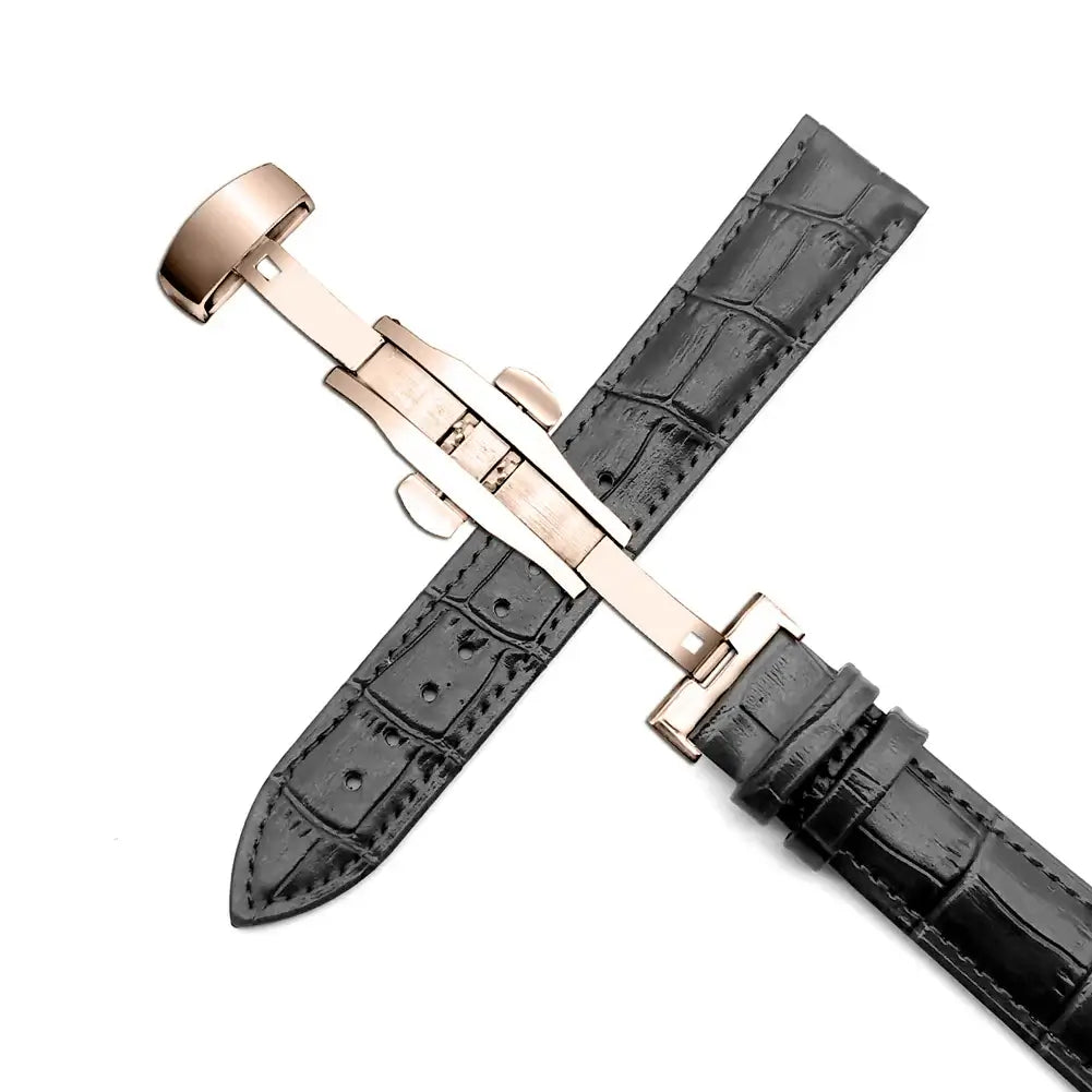 TicWatch Crocodile-Pattern Leather Butterfly Band - Black / Rose Gold Clasp