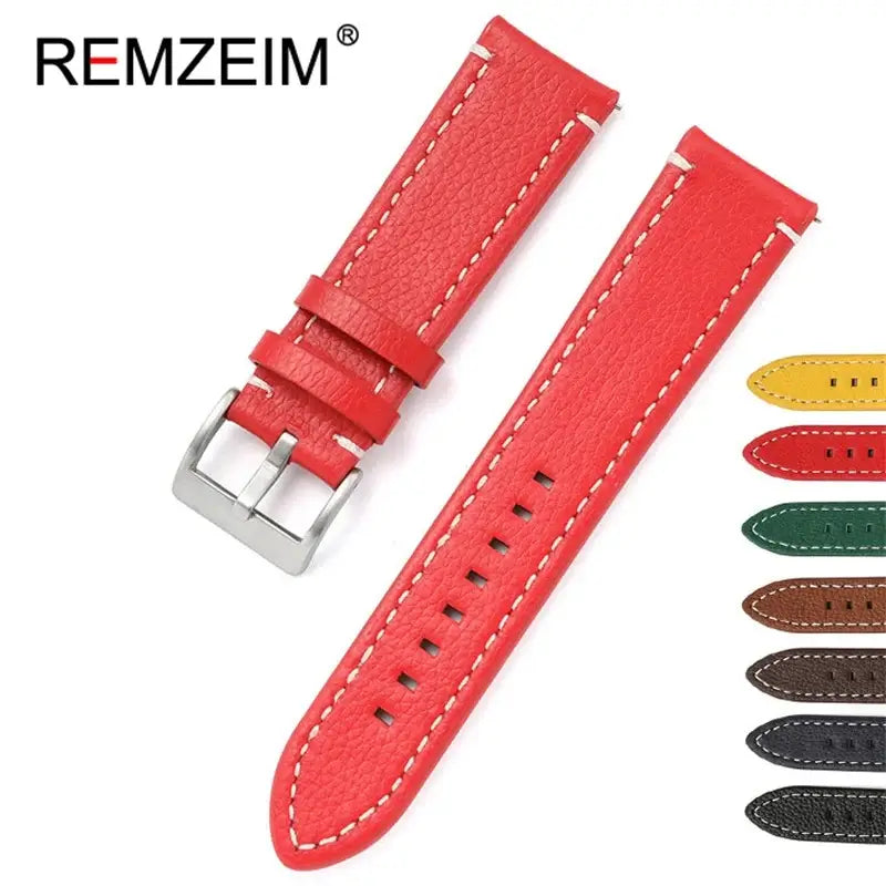 Red stitched leather strap with color previews