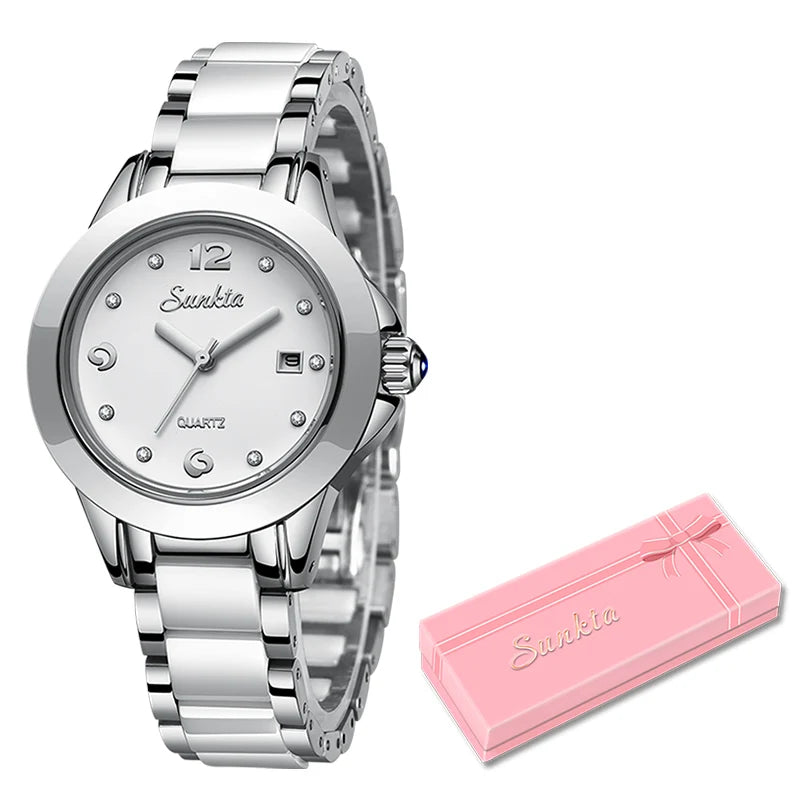 Women's Ceramic and Stainless Steel Date Watch — Silver Tone / White