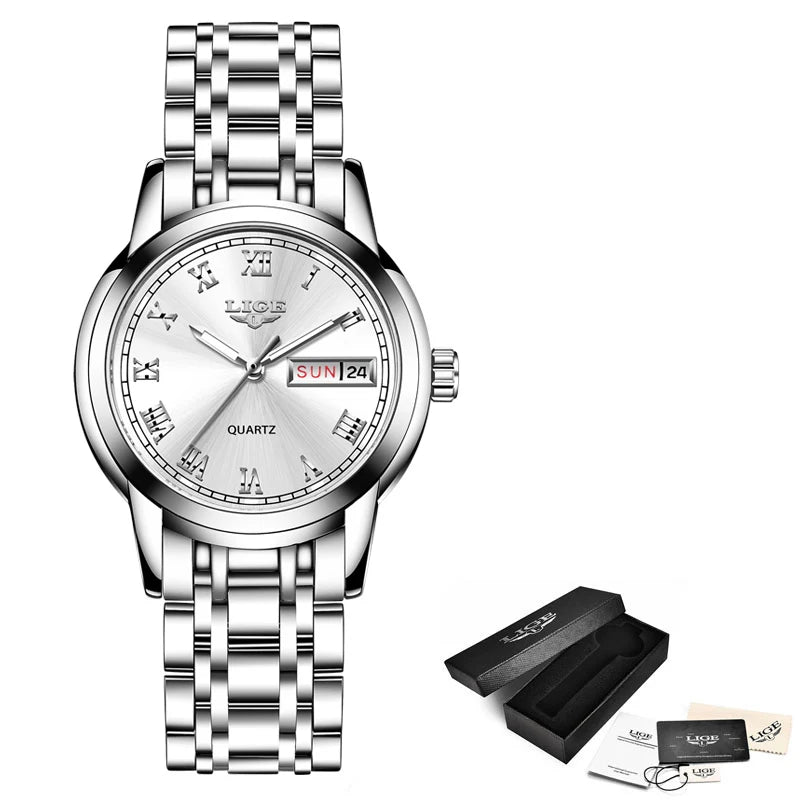 Women's Roman Numeral Day-Date Bracelet Watch — Silver Tone / White Dial