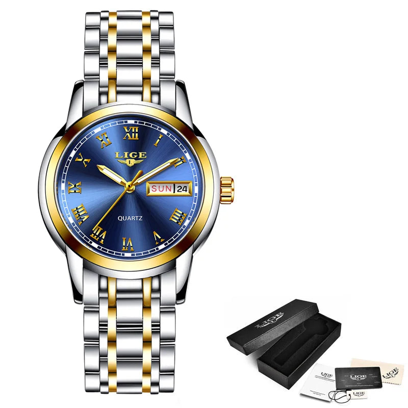 Women's Roman Numeral Day-Date Bracelet Watch — Silver & Gold Tone / Blue Dial