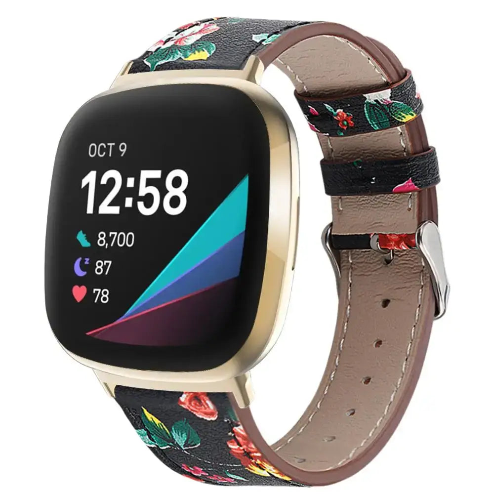 Fitbit Versa 3/4 & Sense 1/2 Classic Leather Strap - Black / Red Floral