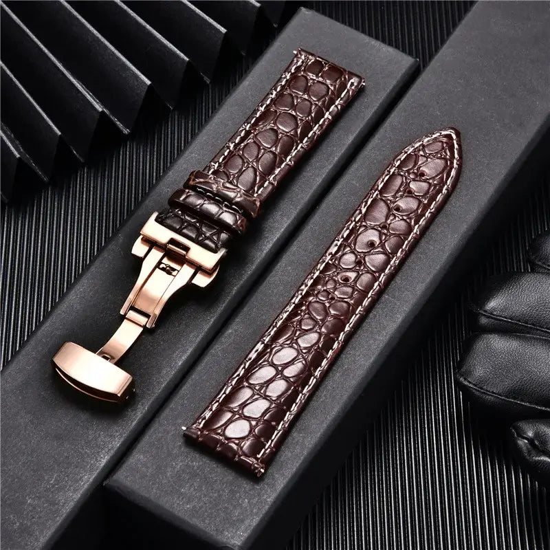 Suunto Crocodile-Pattern Leather Clasp Band - Dark brown leather with rose gold clasp