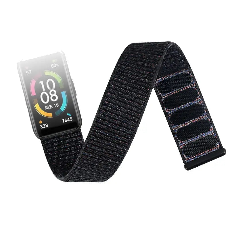 Fitbit Charge 5 & 6 Nylon Hook-and-Loop Band black loop unfolded beside a tracker