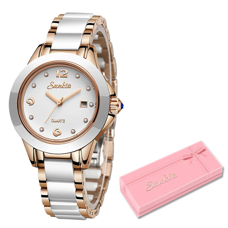 Women's Ceramic and Stainless Steel Date Watch — Rose Gold Tone / White