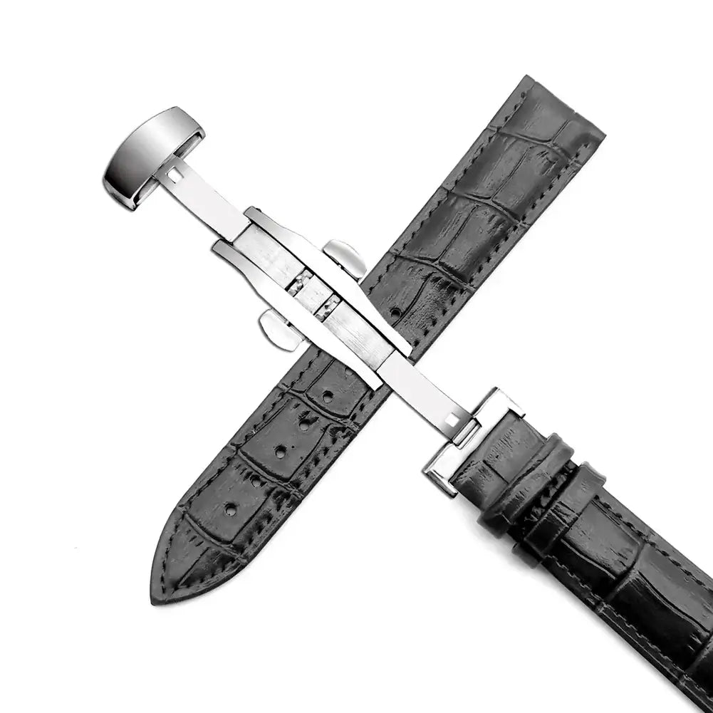 Samsung Galaxy Watch Embossed Leather Butterfly-Clasp Band in Black / Silver Clasp