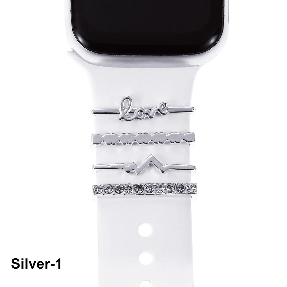 Decorative silver metal charms for Apple Watch bands, featuring stylish designs for elegance and personality.