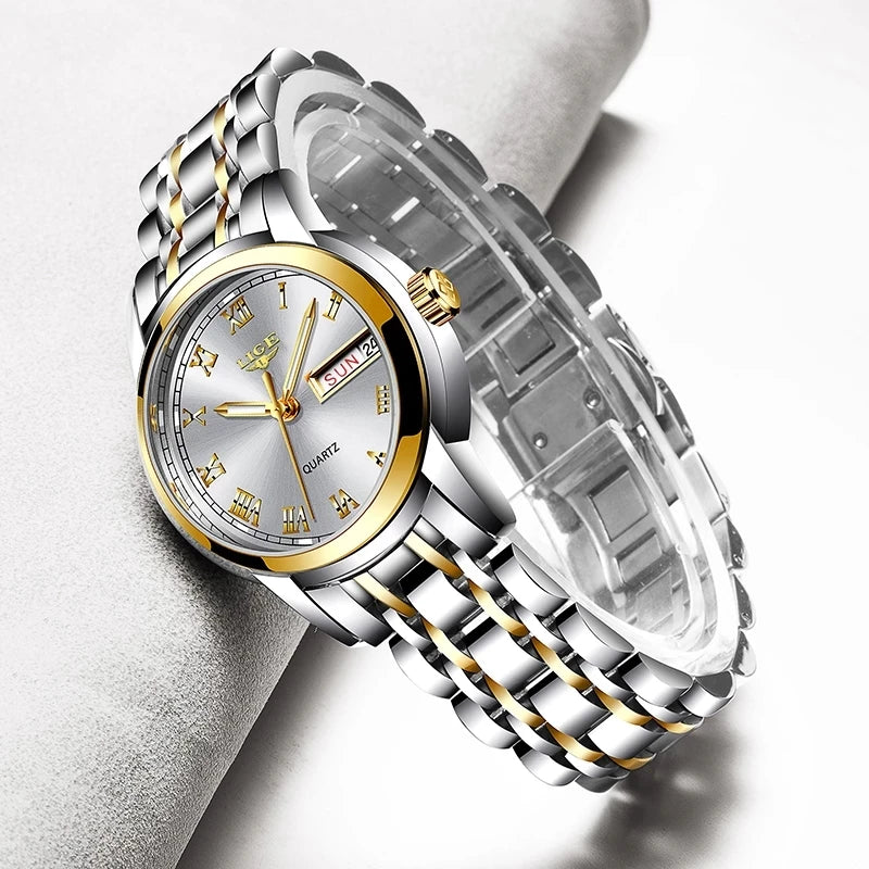 Women's Roman Numeral Day-Date Bracelet Watch — Two-tone bracelet and white Roman numeral dial