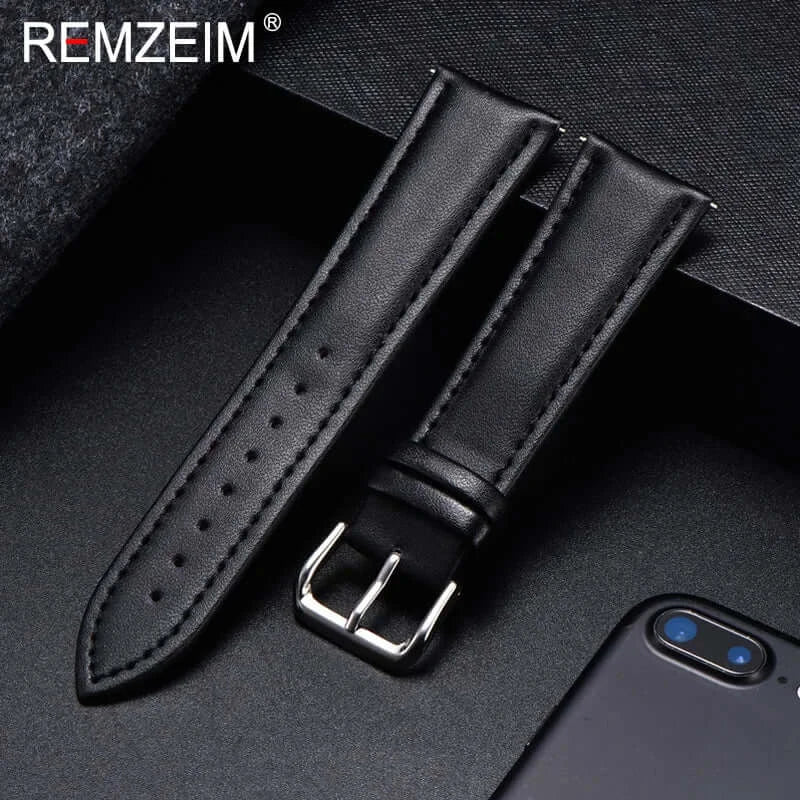 Classic Leather Band with Stitching Choices in Black / Matching Stitching for compatible Huawei watches