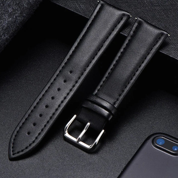 COROS Calfskin Leather Watch Band with Silver Buckle - Black / Black Stitching