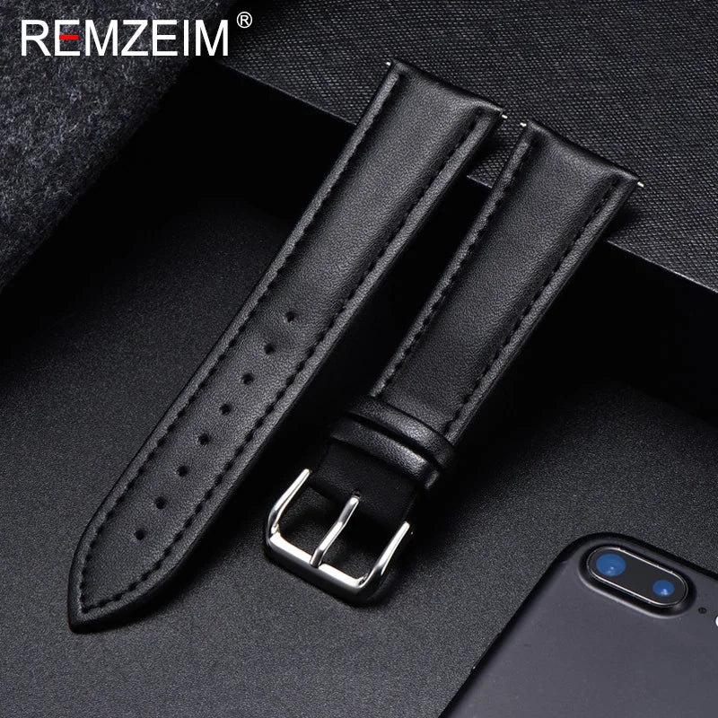 OnePlus Leather Watch Band, Soft Calfskin Strap with Silver Buckle on a black surface.
