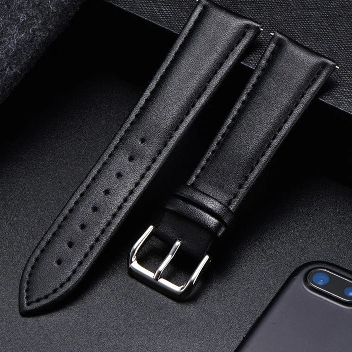 Motorola Moto Watch Band, Soft Calfskin Leather Strap, Steel Buckle displayed on a flat surface.