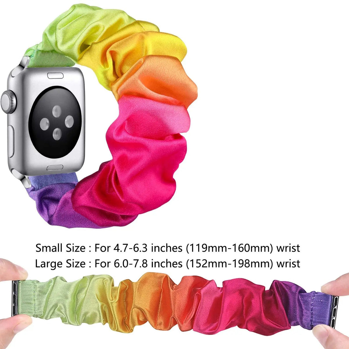 Rainbow scrunchie band with stretch and wrist-size illustration for Apple Watch