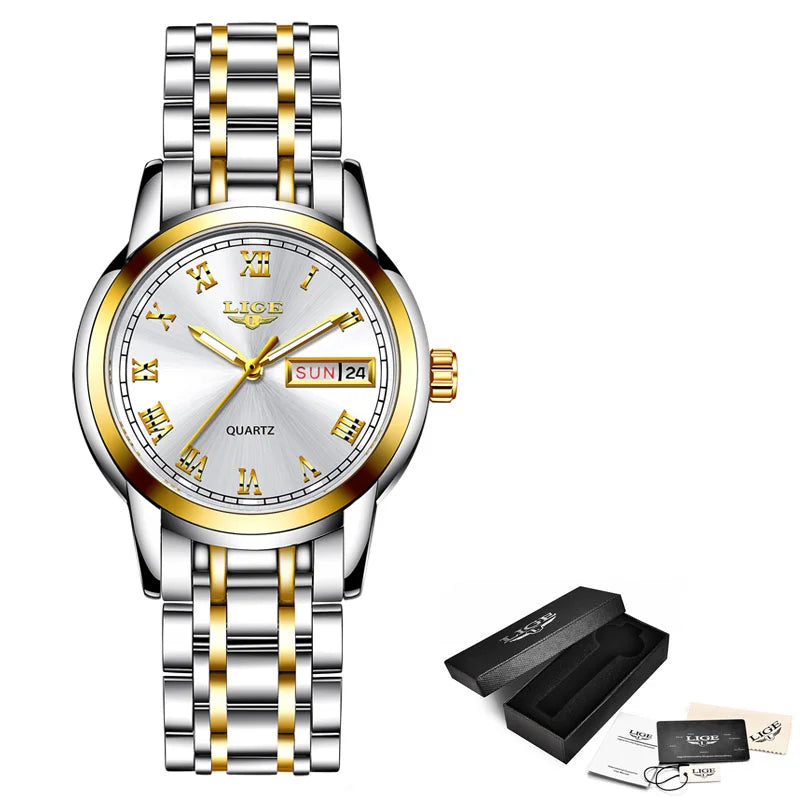 Women's Roman Numeral Day-Date Bracelet Watch — Silver & Gold Tone / White Dial