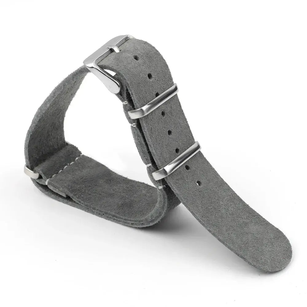 Gray suede strap and silver-tone hardware