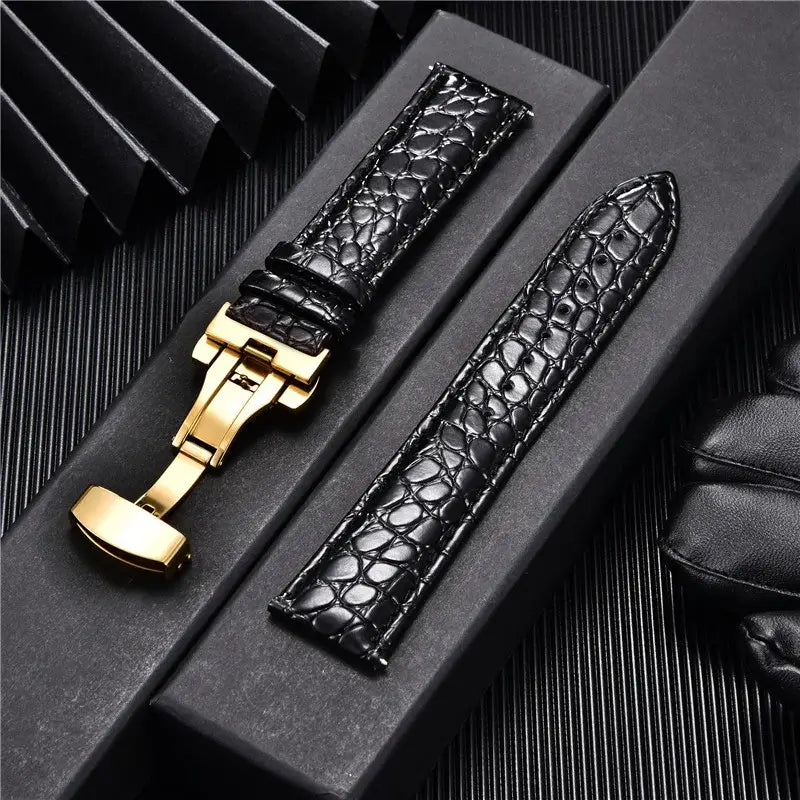 Crocodile-Pattern Leather Clasp Band in Black / Gold Clasp for compatible Huawei watches