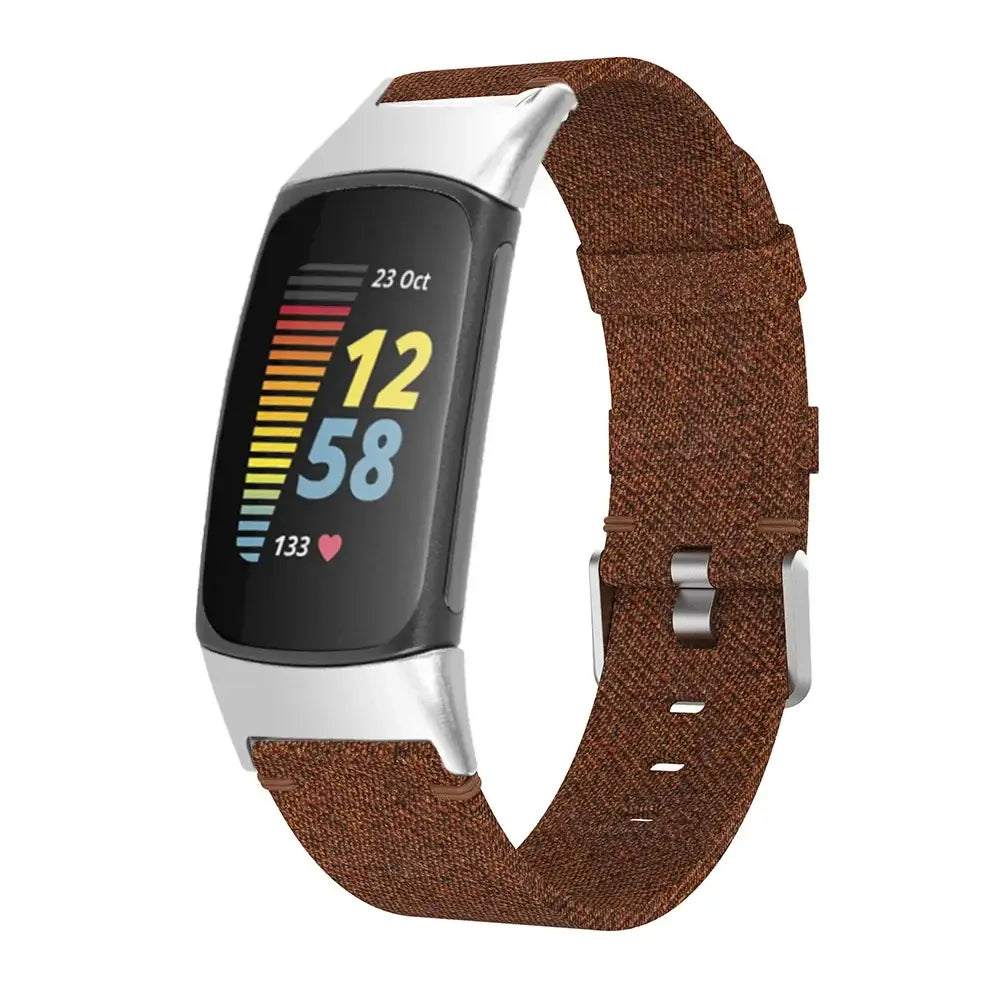 Fitbit Charge 5 & 6 Woven Nylon Buckle Band brown band shown on a tracker