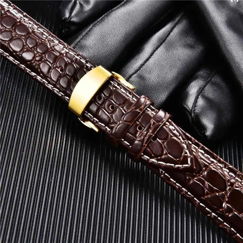 TicWatch Crocodile-Pattern Leather Clasp Band - Dark brown leather and closed gold clasp