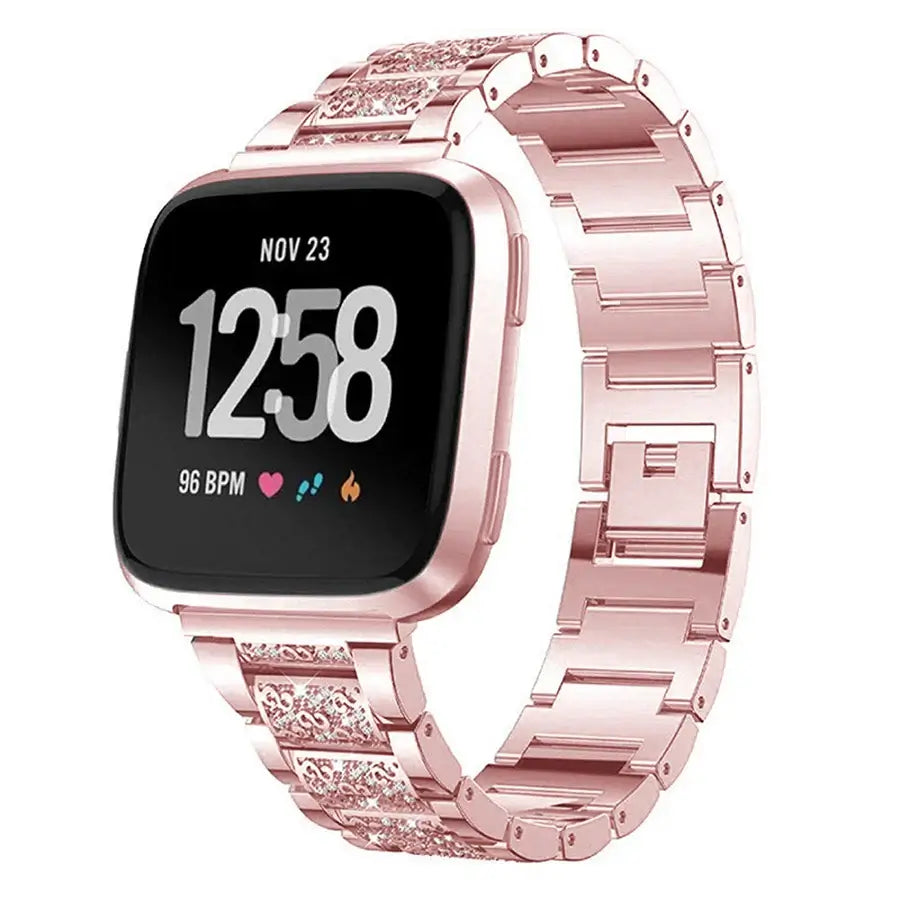 Fitbit Versa 4 Sparkling Panel Metal Bracelet Band - Rose pink bracelet on watch