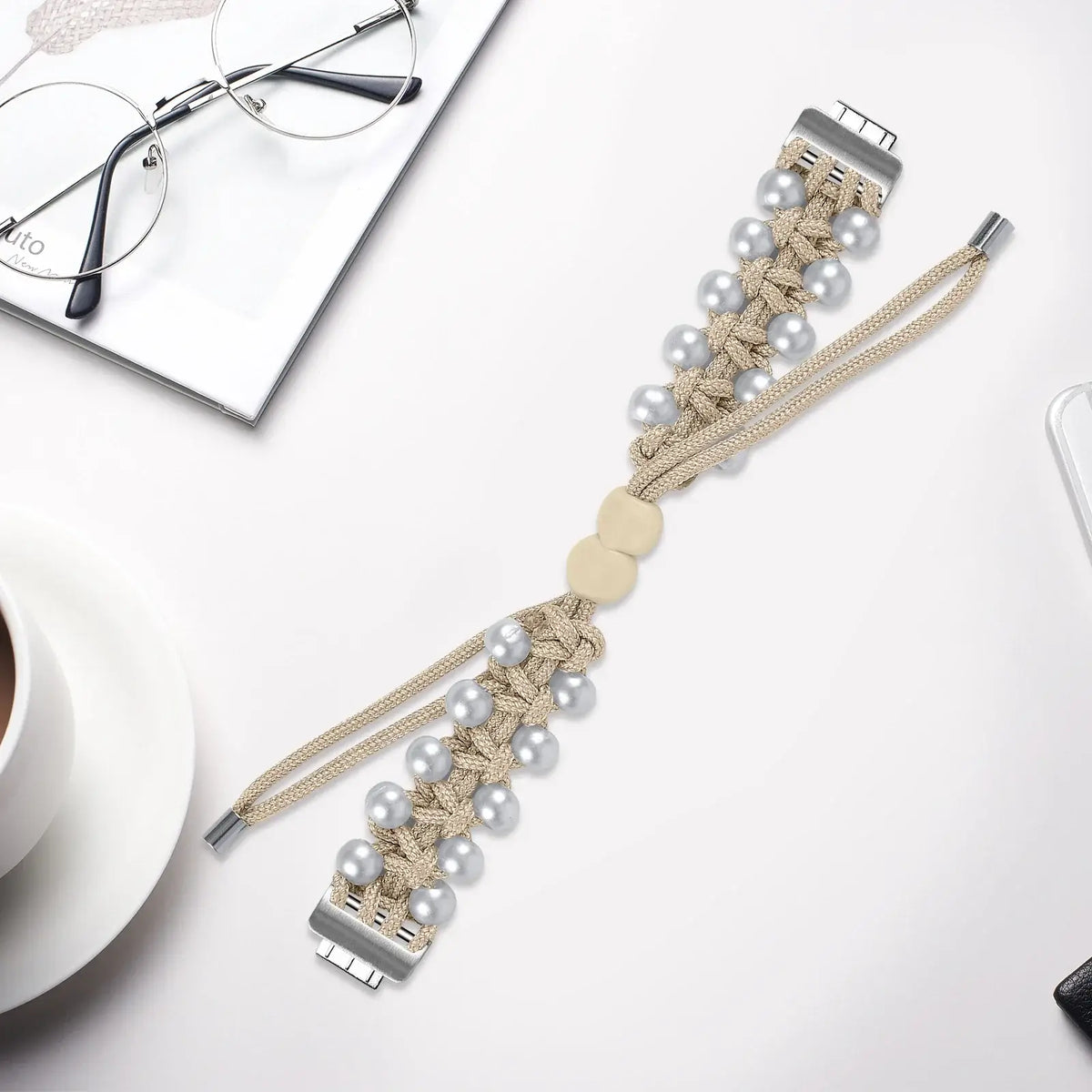 Fitbit Inspire Braided Cord & Pearl-Style Bead Band - Beige strap laid flat