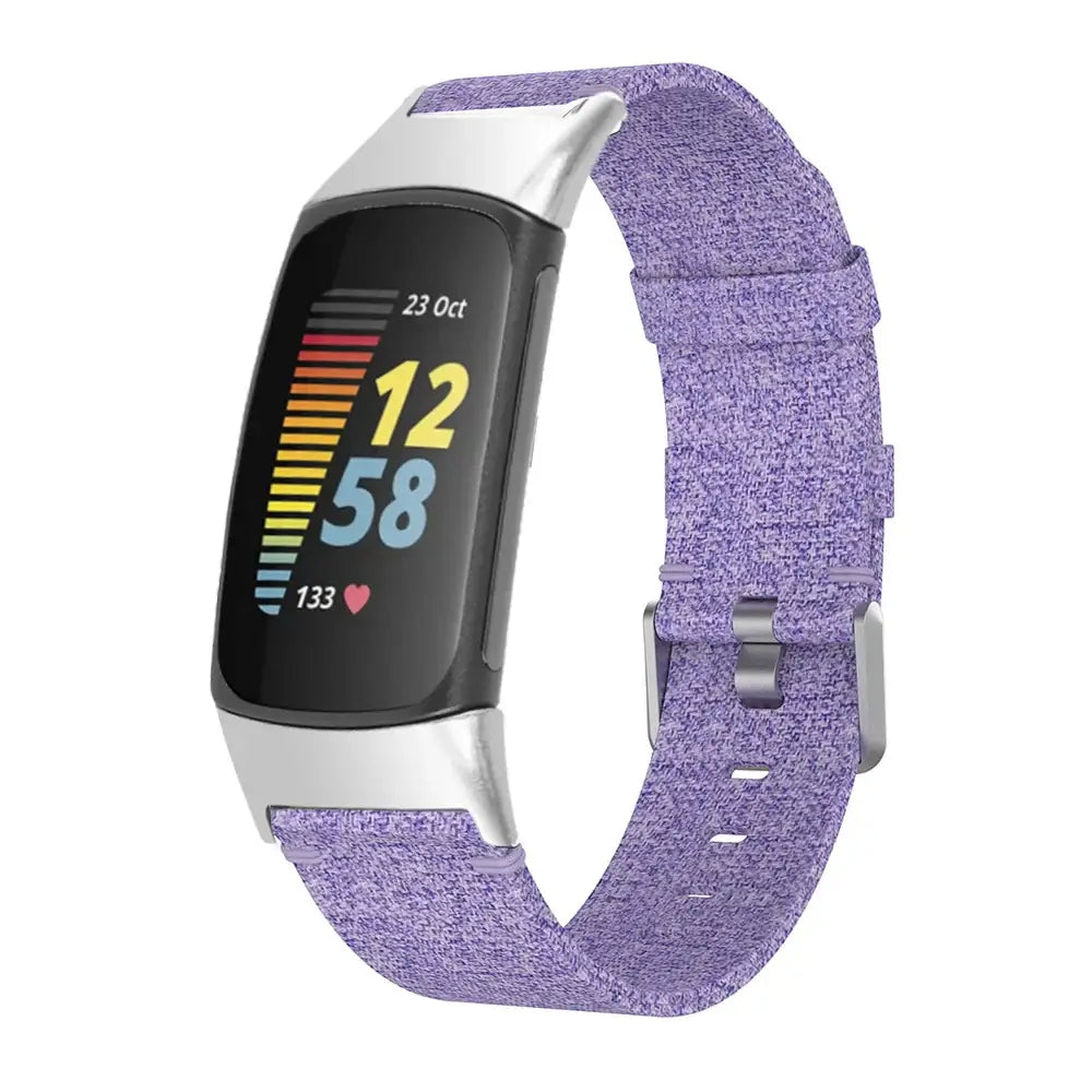 Fitbit Charge 5 & 6 Woven Nylon Buckle Band lavender band shown on a tracker