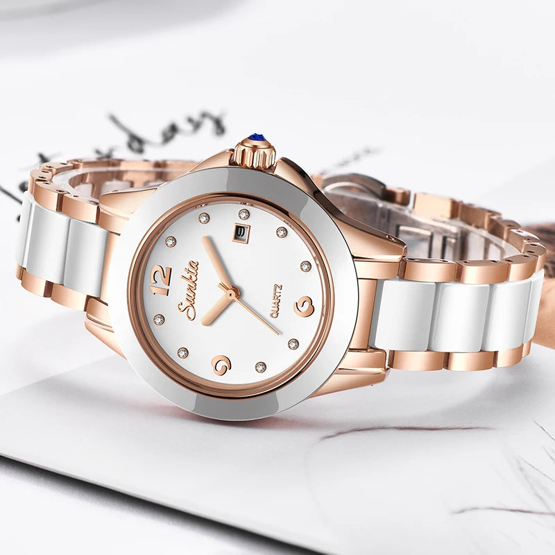 Women's Ceramic and Stainless Steel Date Watch — White dial and ceramic bracelet close-up