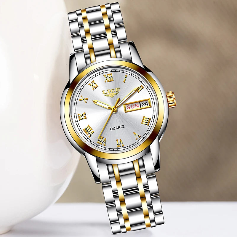 Women's Roman Numeral Day-Date Bracelet Watch — White day-date dial close-up