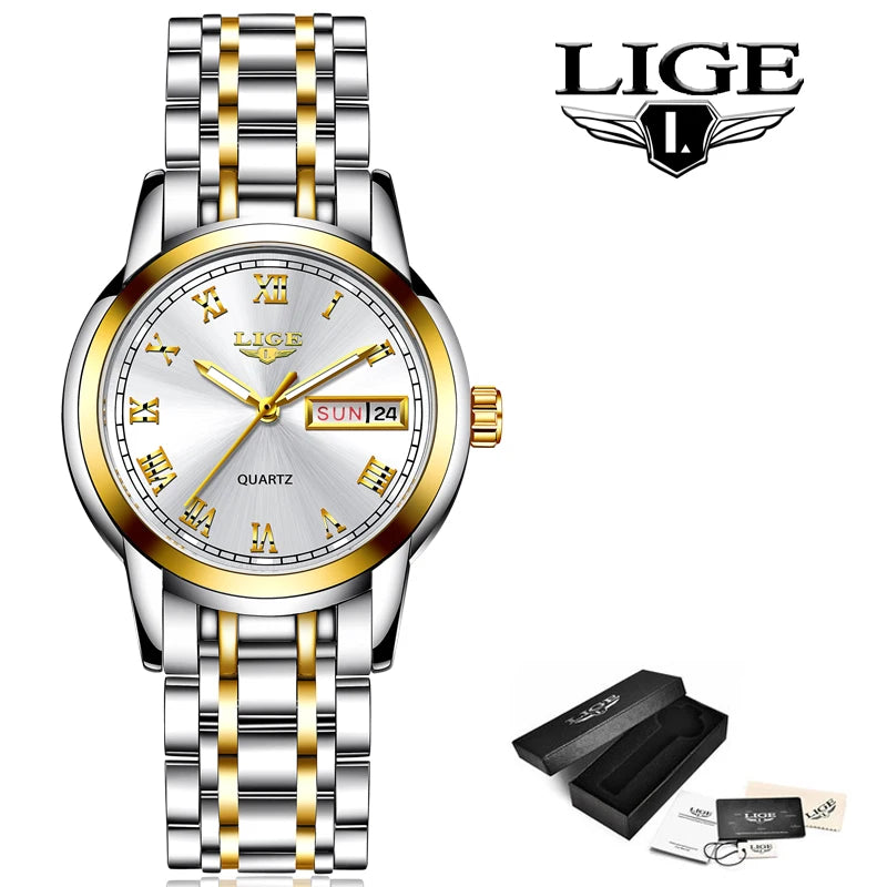 Women's Roman Numeral Day-Date Bracelet Watch — White dial watch with supplier packaging