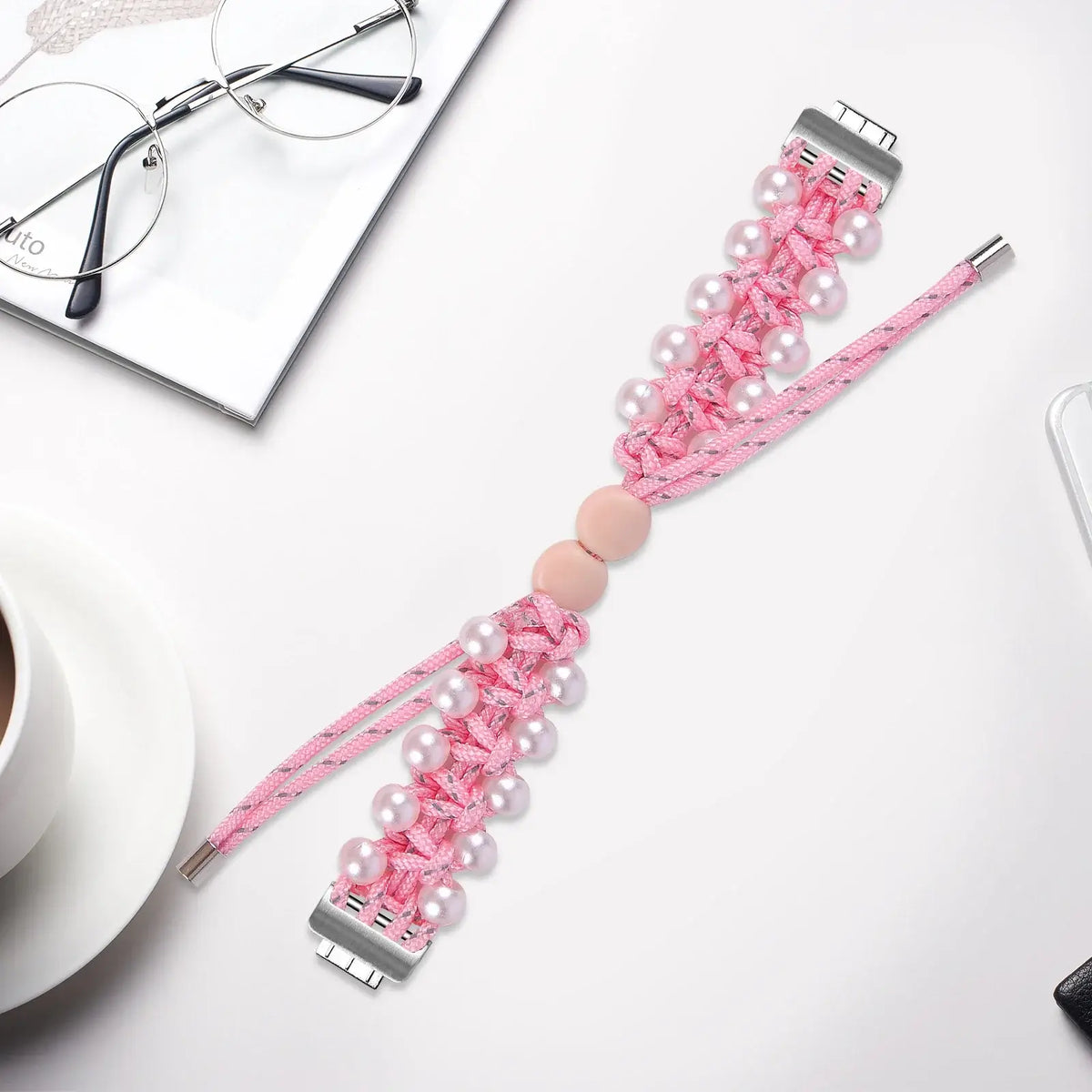 Fitbit Inspire Braided Cord & Pearl-Style Bead Band - Pink strap laid flat