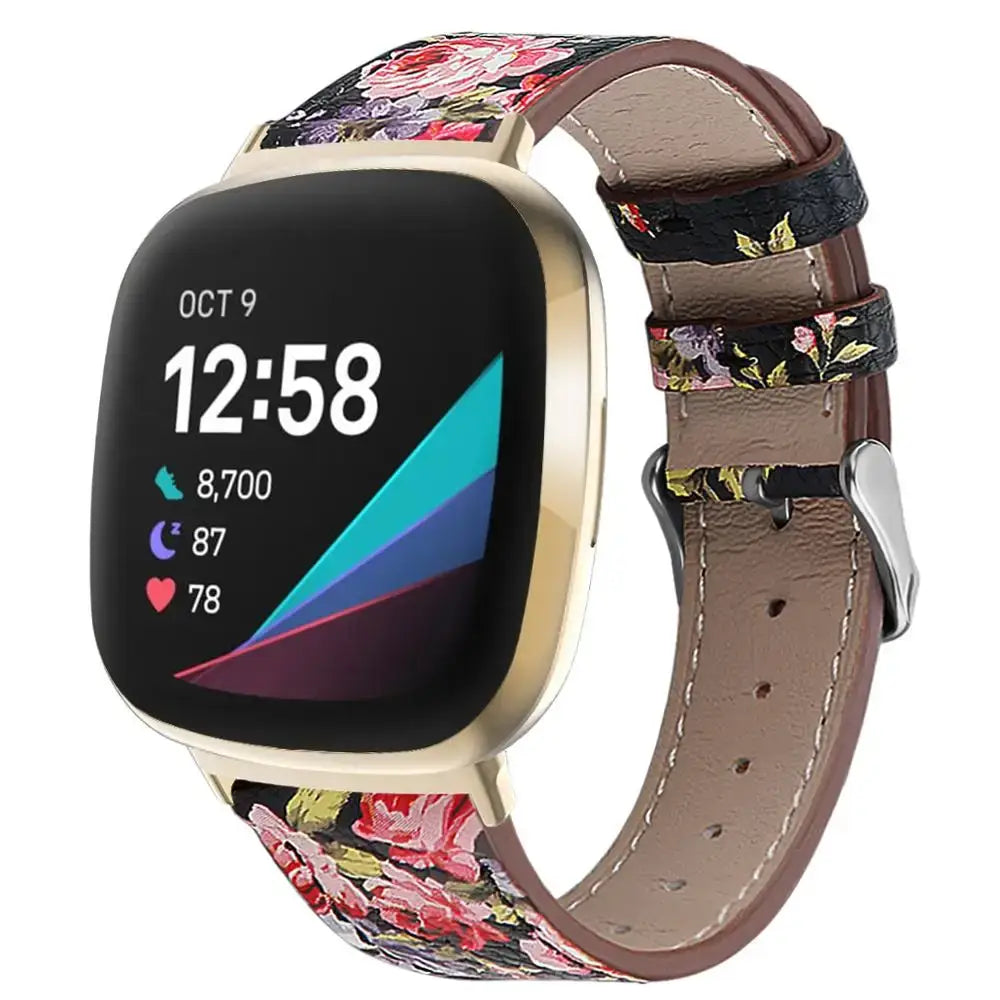 Fitbit Versa 3/4 & Sense 1/2 Classic Leather Strap - Black / Pink Floral