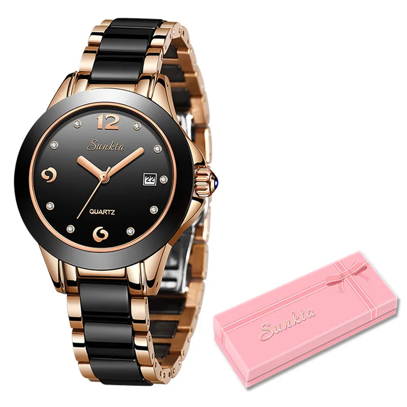 Women's Ceramic and Stainless Steel Date Watch — Rose Gold Tone / Black
