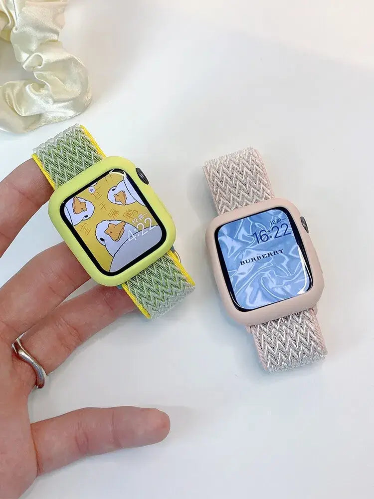 Textured elastic Apple Watch bands held in hand
