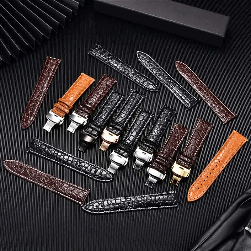 Crocodile-pattern leather bands with folding clasp finishes