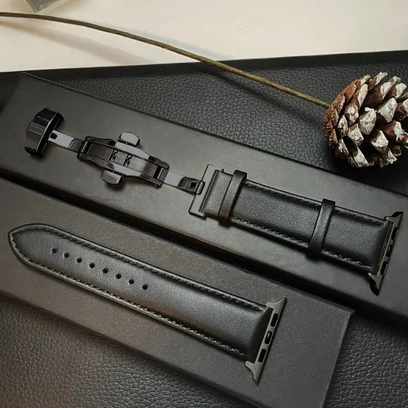 Leather Apple Watch Band with Folding Clasp in Black / Black