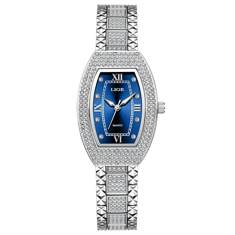 Women's Crystal Tonneau Quartz Bracelet Watch — Silver Tone / Blue Dial