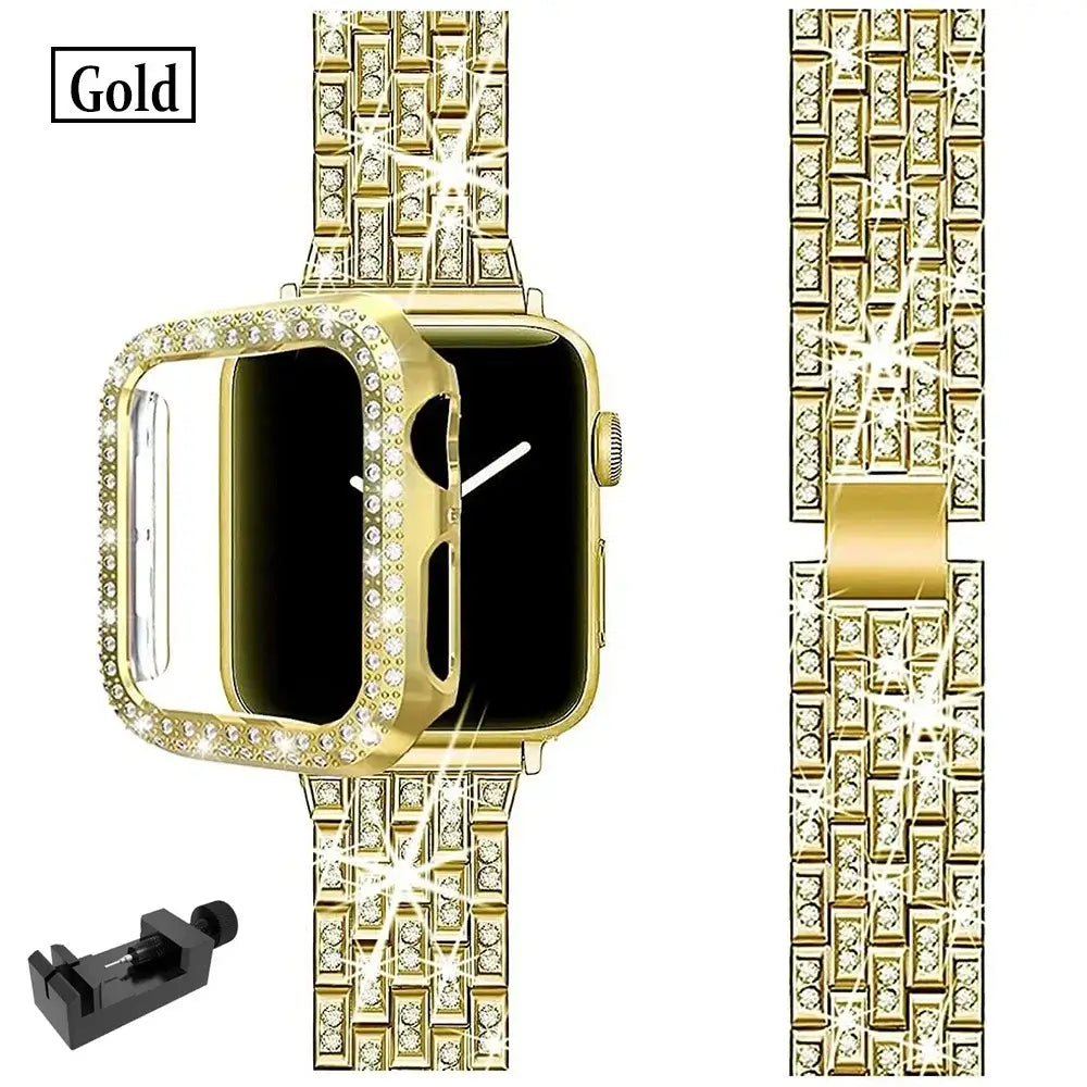 Gold rhinestone Apple Watch bracelet and matching case with adjustment tool