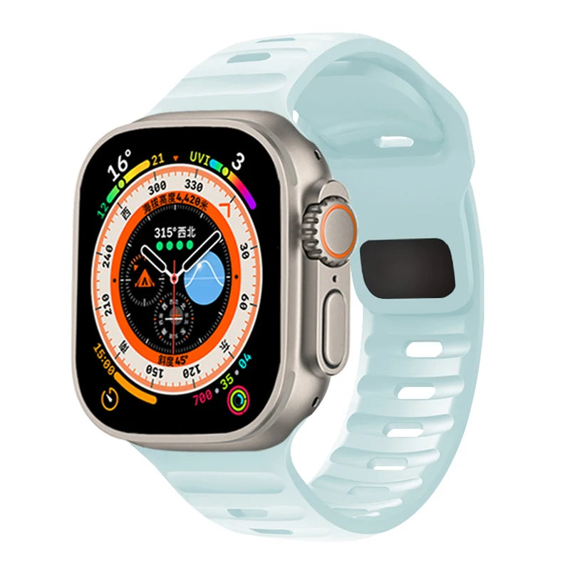 Slotted Silicone Apple Watch Band with Metal Buckle in Pale Blue